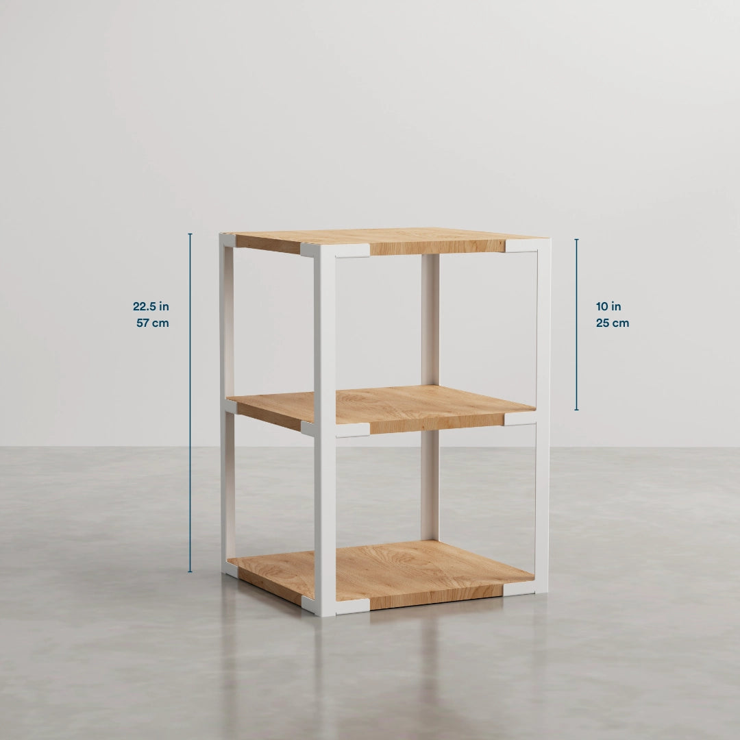 Build&Bond DIY Wooden shelf with white brackets and measurements on a gray background