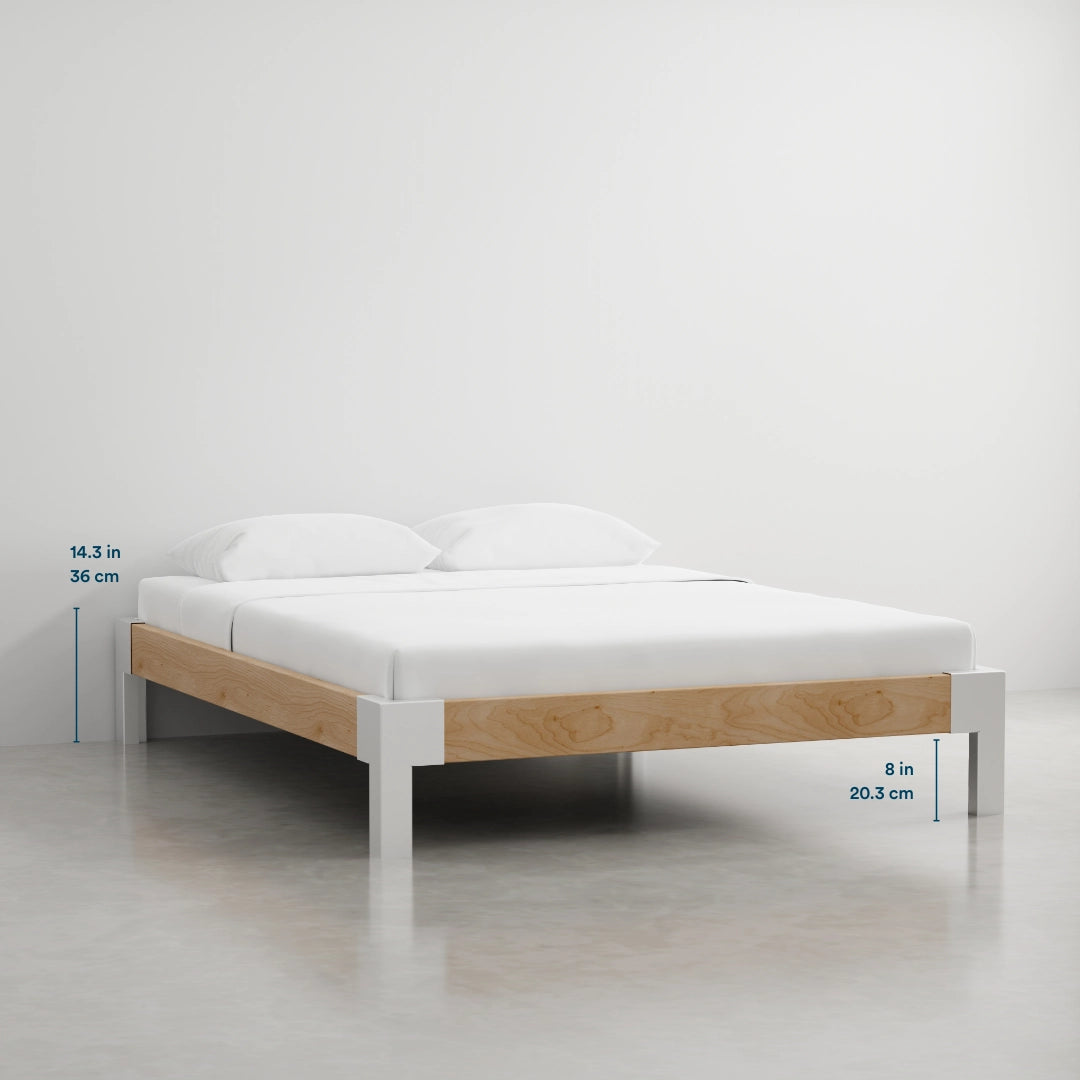 Build&Bond DIY platform Bed with white mattress and wooden frame on a plain background