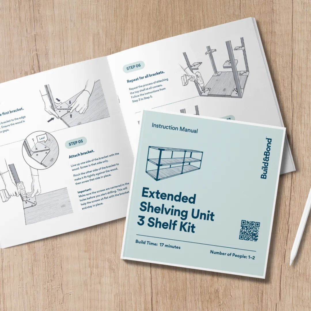 Instruction manual for a Build&Bond DIY extended shelving unit kit on a wooden surface